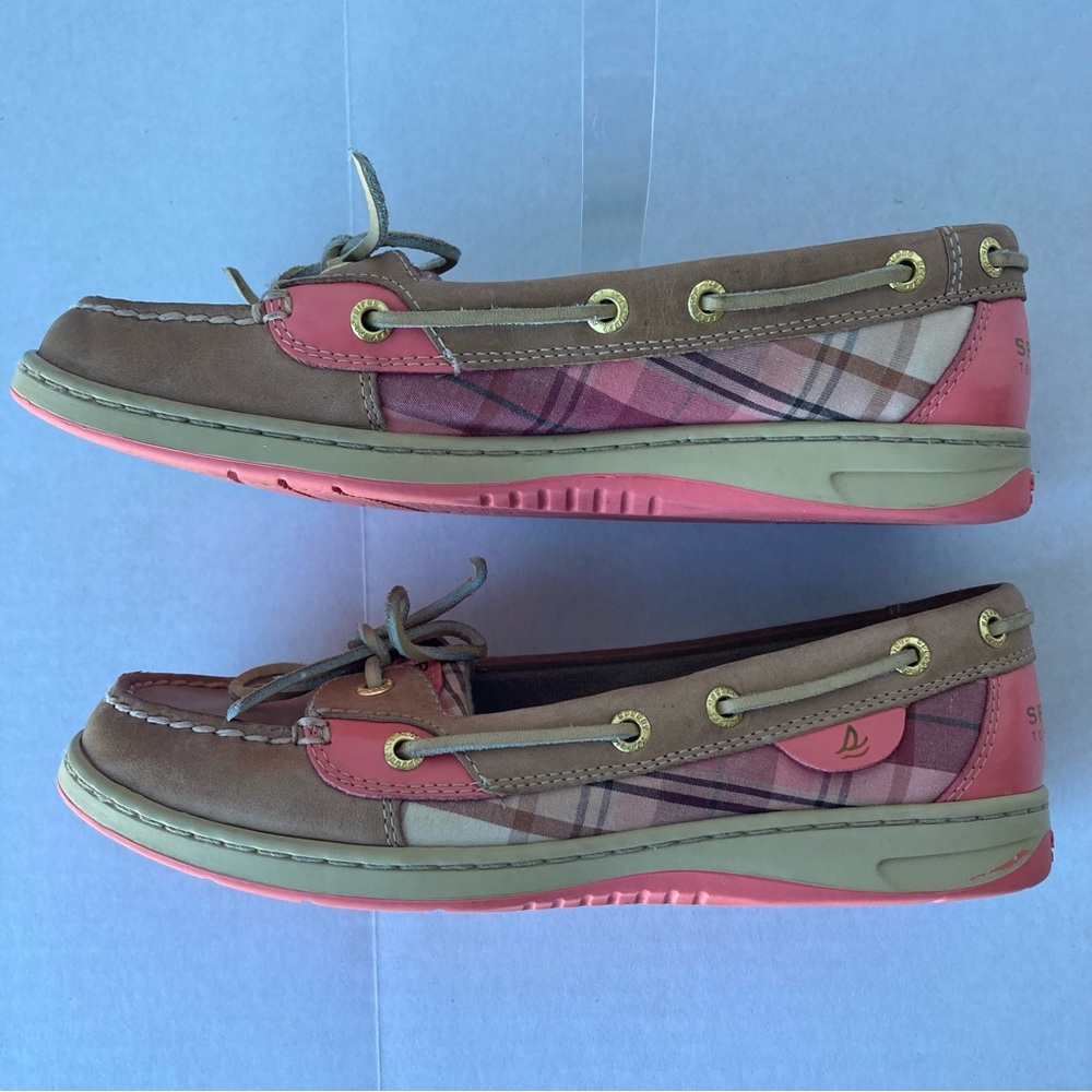 Sperry Leather Women Plaid Boat Shoes‎ Loafers Pink and Tan Size 8 - Picture 3 of 11